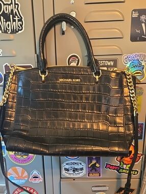 Michael Kors Black Croc-Embossed Leather Satchel